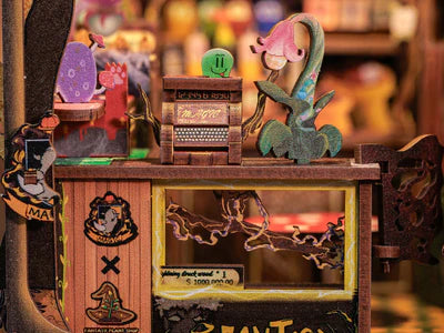 Tafelblad met kassa en lampachtige planten