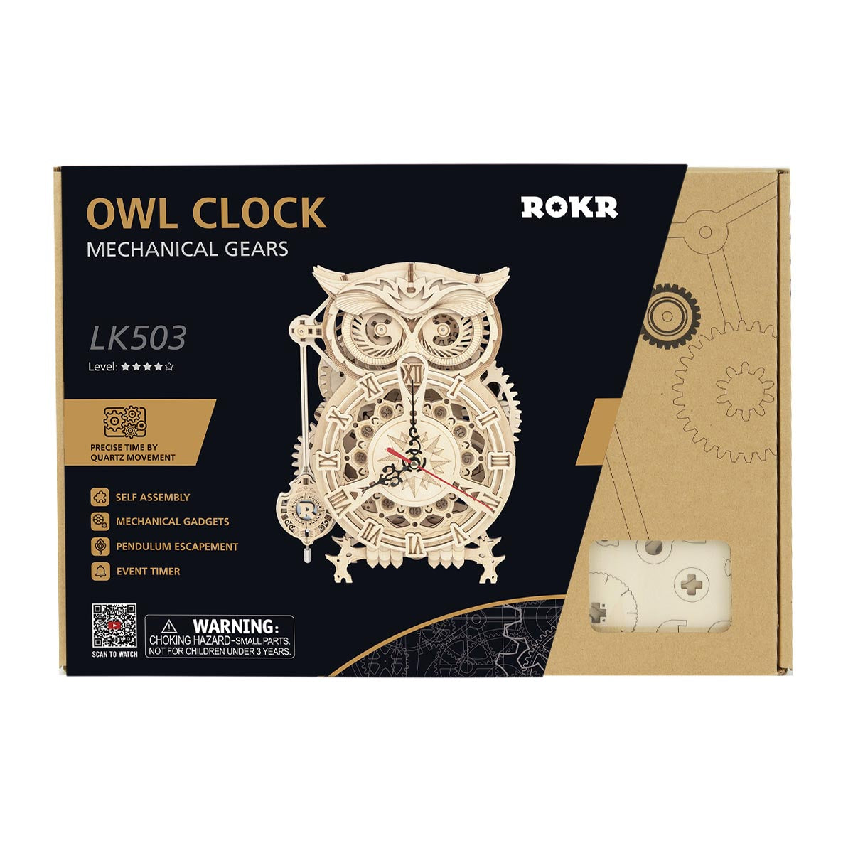 ROKR Owl Clock Mechanical Gears 3D Wooden Puzzle LK503