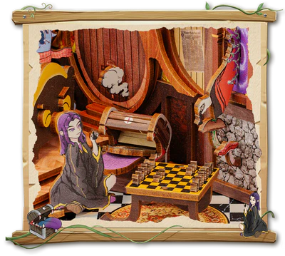 The Seductive Box is eating a robe of the college. Who is playing the chess with the purple-headed student?