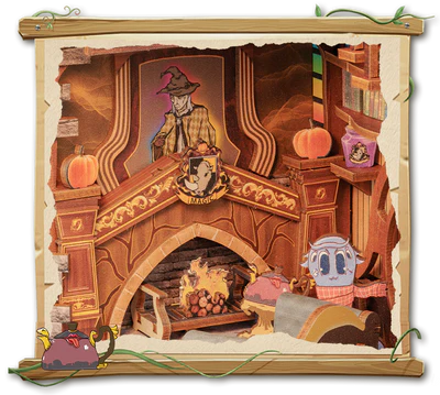 The potrait of epic wizard is hanged on the fireplace on the mid of the room, the Rainbow Kettle likes to near it so much!
