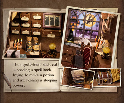 De mysterieuze zwarte kat leest een spreukenboek, probeert een drankje te maken en wekt een slapende kracht op.