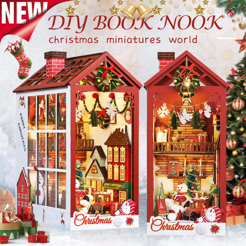 PUZZLESBEST DIY Wooden Book Nook Kit Bookshelf Inserts (Christmas miniatures world)