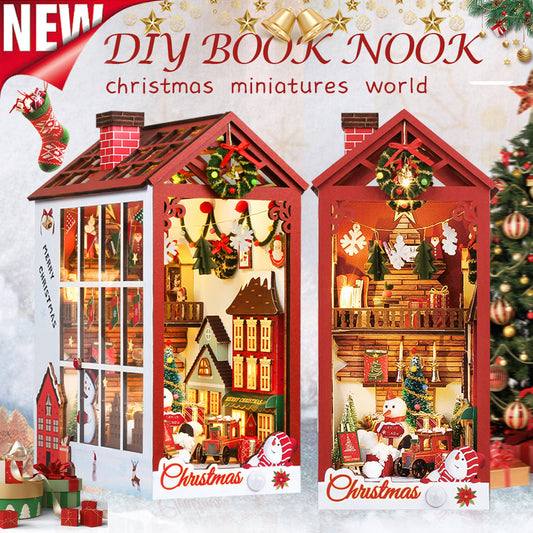 PUZZLESBEST DIY Wooden Book Nook Kit Bookshelf Inserts (Christmas miniatures world)